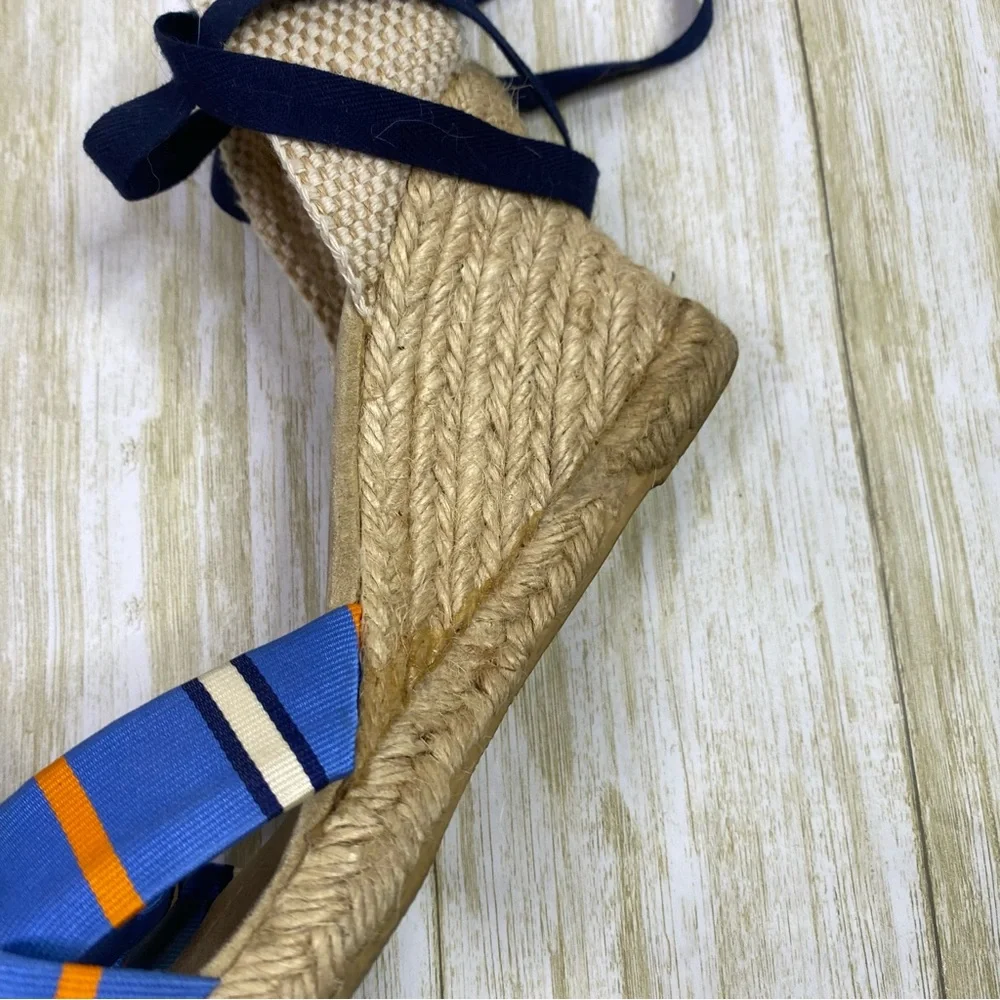 J. Crew Blue Striped Marianne Wrap Ankle Espadrille Wedge Sandals